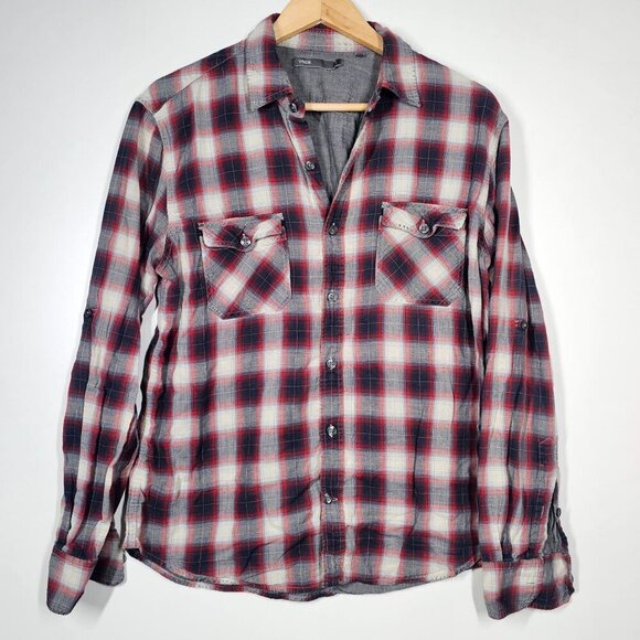 Vince Mens Large Red Navy Plaid Button-Down Shirt Distressed Large - Picture 1 of 9